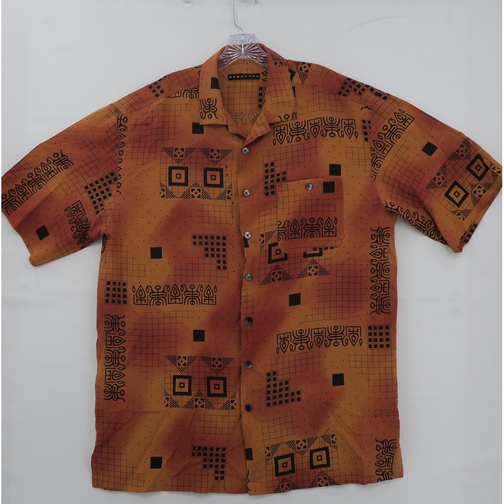 Baracuta Mens XLT Silk Button Down Shirt Orange Geometric Tribal Short Sleeve